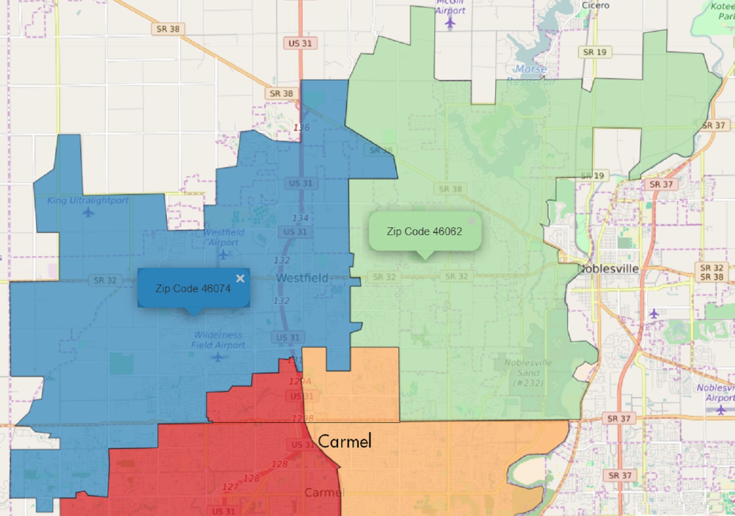 Westfield Zip Code Map zones